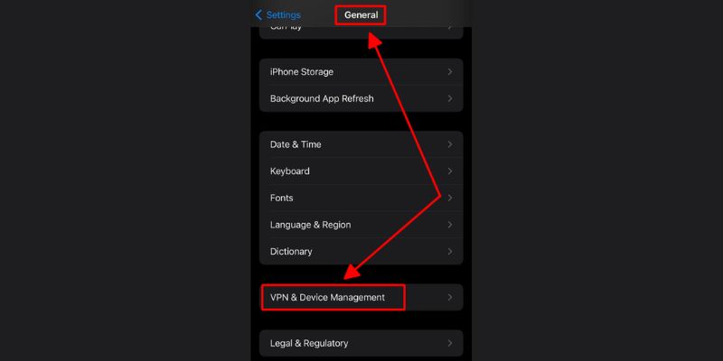 Chọn “VPN & Device Management” trong mục Cài đặt